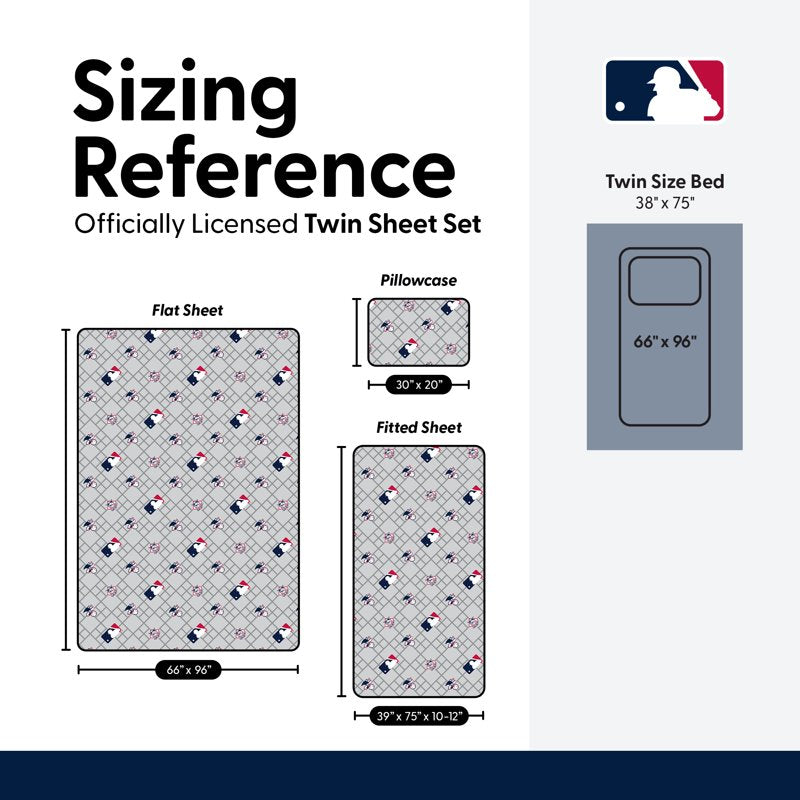 MLB Multi Team Strikeout Twin Sheet Set - All-Over Logo Print, Breathable Fabric, 3-Piece Bedding