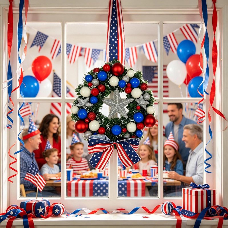 Patriotic Wreath Decorations - Independence Day Red, White & Blue Wreath - Outdoor Indoor Decor - Variation 0E