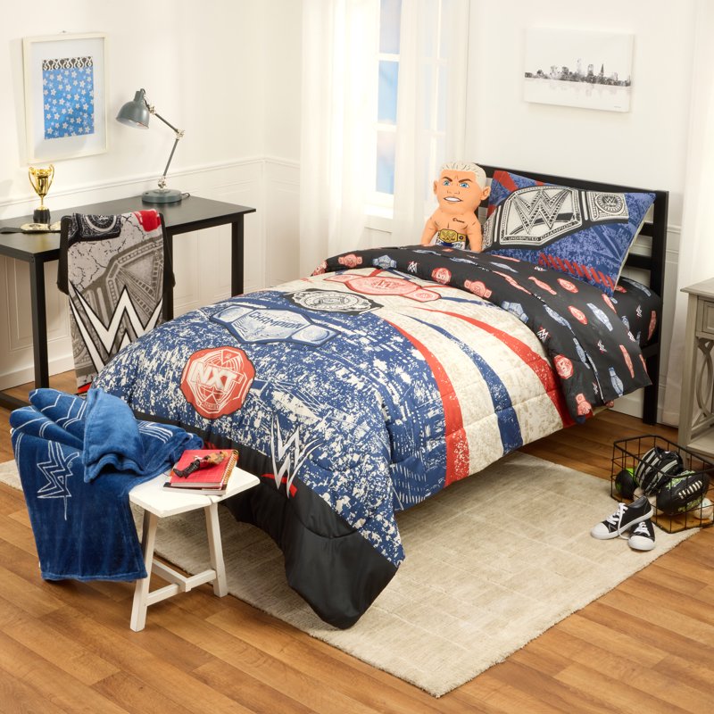WWE Kids Blue Print Fleece Bed Blanket - Twin/Full Size Wrestling Bedding