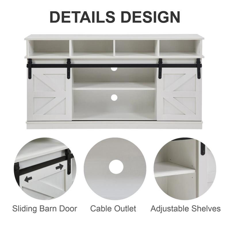Farmhouse Sliding Barn Door TV Stand - Adjustable Shelves, Fits 65" TVs