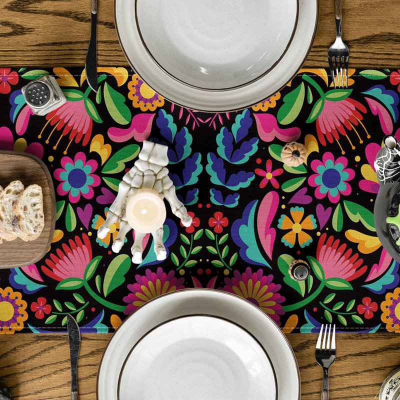 Black Floral Dia De Los Muertos Serape Table Runner 13x72 - Mexican Fiesta Decoration - Variation 1