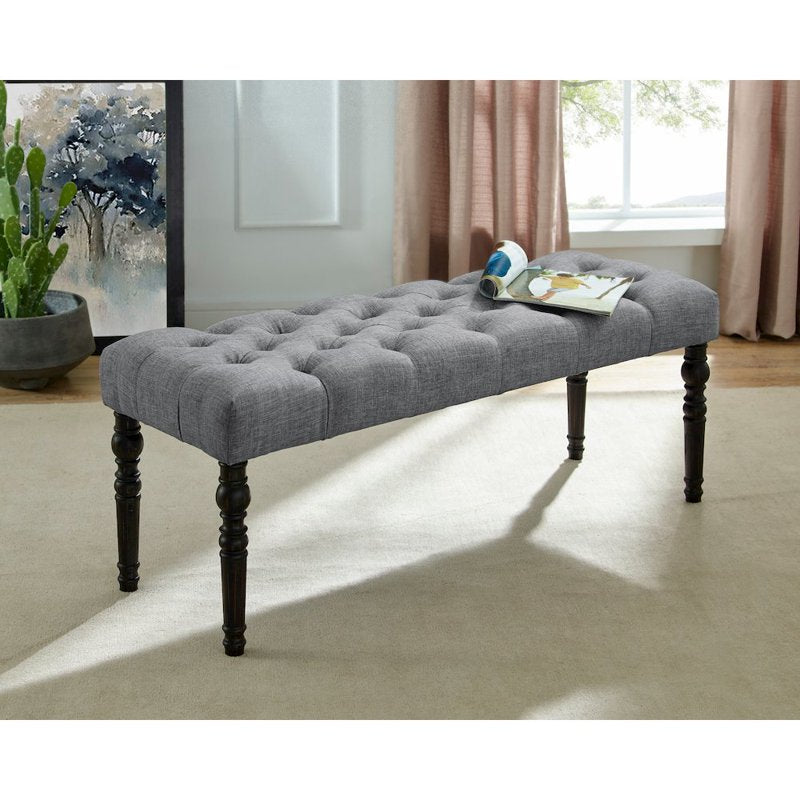 Tufted Fabric Dining Bench with Turned Legs - Gray