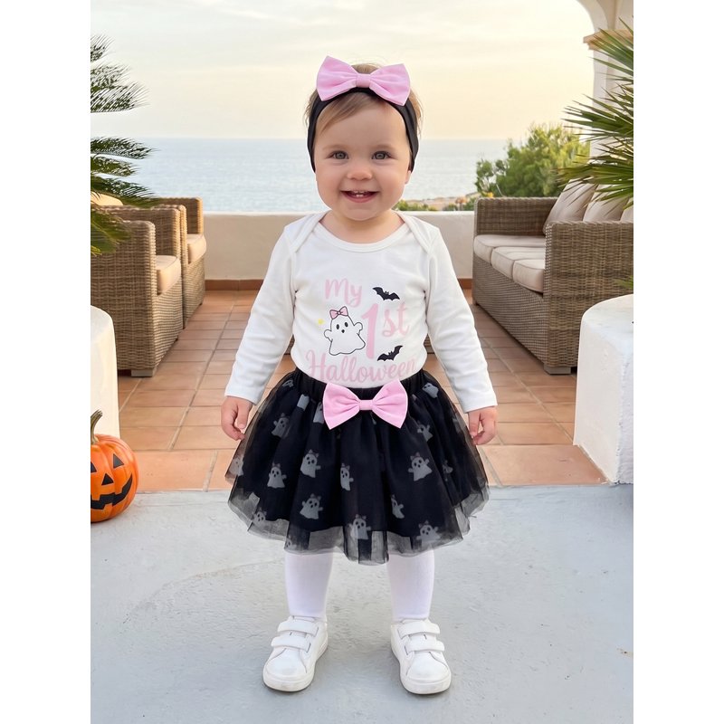 Baby Girl Halloween Clothes Set - Black 3-6 Months Romper Tulle Skirt & Headband
