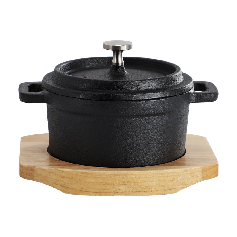 Mini Cast Iron Dutch Oven with Wood Tray - 8 oz - Black 4