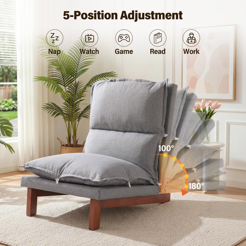 Adjustable Floor Lounge Chair - Gray Linen Recliner with Wood Legs