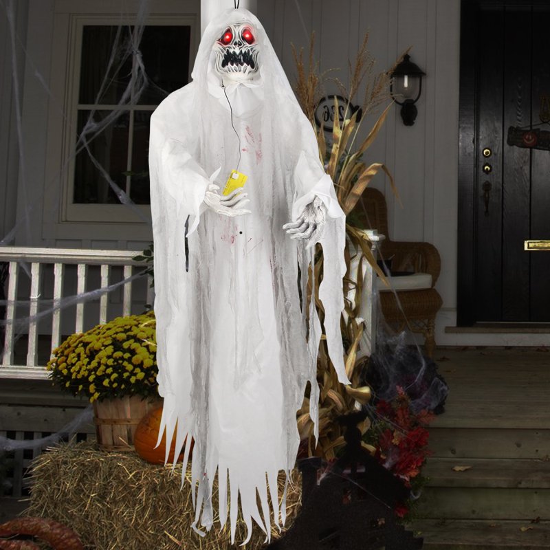 White Halloween Hanging Grim Reaper Decor with Sensor-Activated LED Eyes and Sound - 5.7 ft