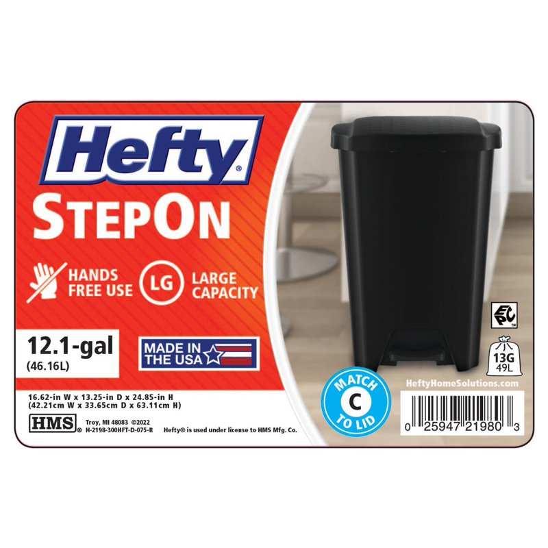 12.1 Gallon Step Trash Can with Foot Pedal Lid - Black