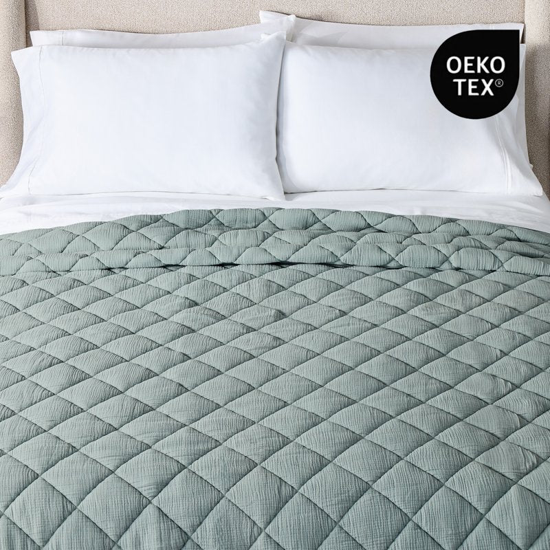 Full/Queen Diamond Gauze Quilt - Reversible Sage Bedding for Spring & Fall