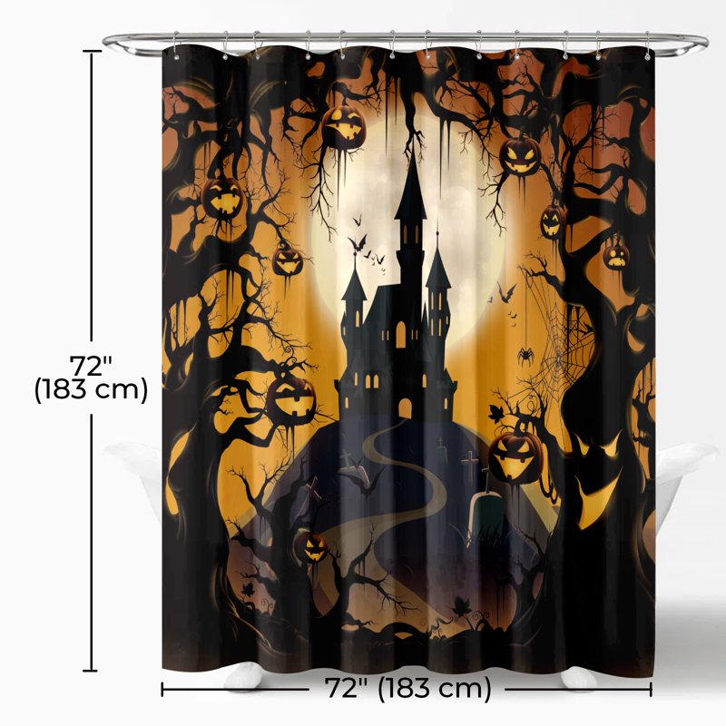 Spooky Castle Halloween Shower Curtain Waterproof Bathroom Decor 72x72 with 12 Hooks - Orange Black