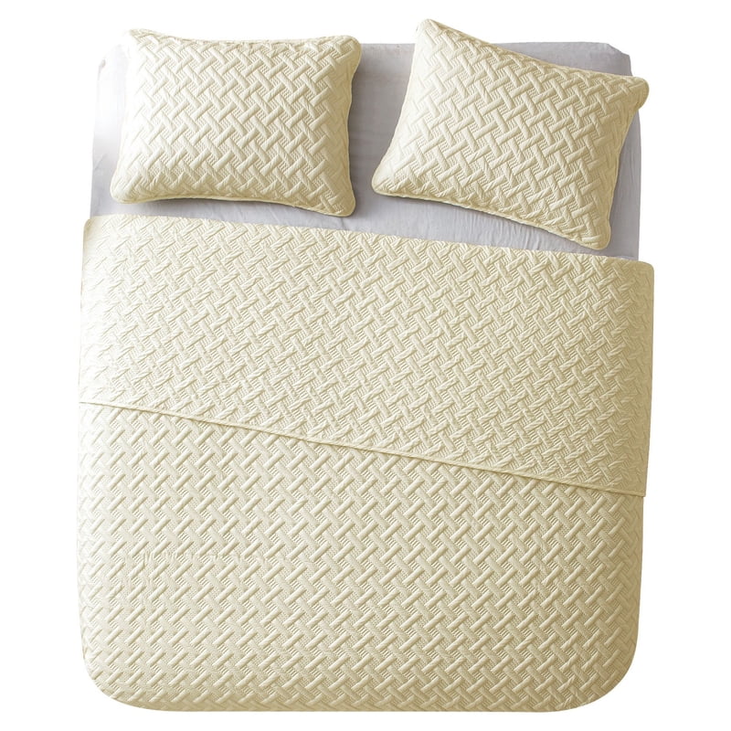 King Ivory Geometric Quilt Set - 3 Piece Bed Coverlet Bedding Set