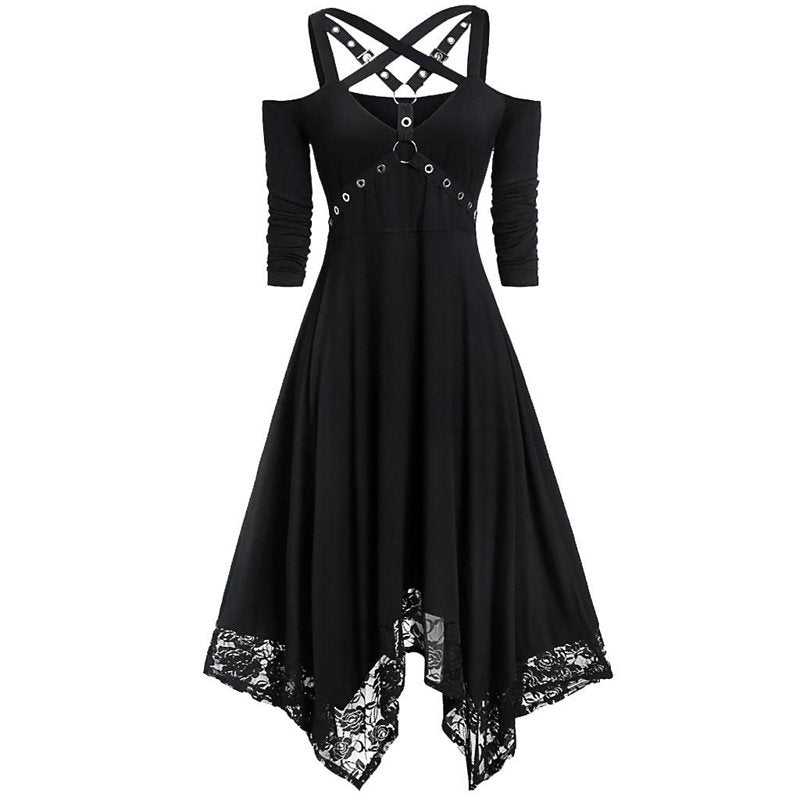 Gothic Black Dress for Women Halloween Costume Plus Size Lace Trim Sleeve