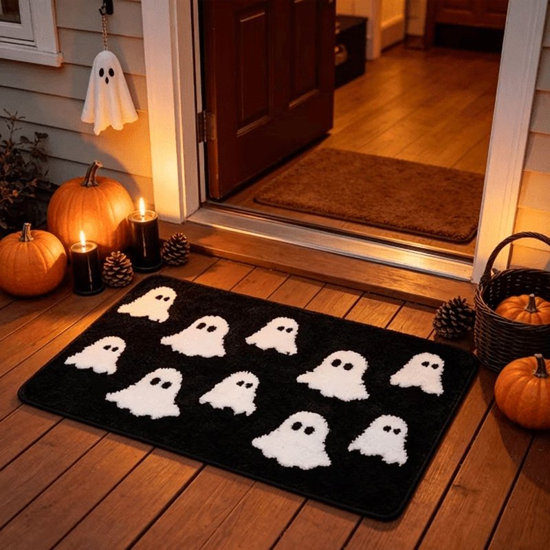 Halloween Ghost Bath Mat 23.6x15.7in Faux Fur Rug with Secure Grip Black Ghost