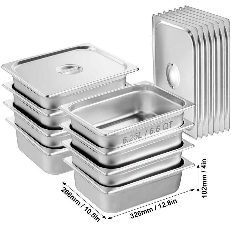 Half-Size Stainless Steel Steam Table Pans Set - 8 Pans, 4" Depth