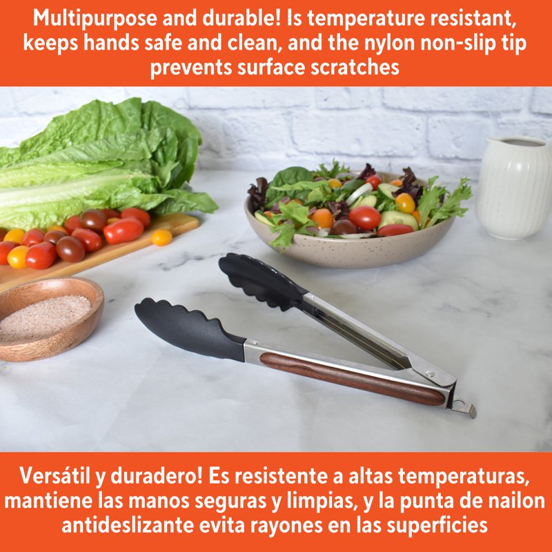 9-Inch Stainless Steel Food Tongs with Nylon Tips & Wood Look Grip - Single