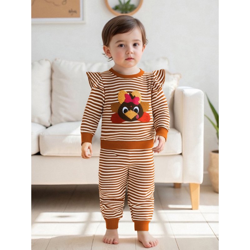 Baby Girl Pants Set with Pumpkin Embroidery & Striped Sweatpants - Style 32, 0-6 Months