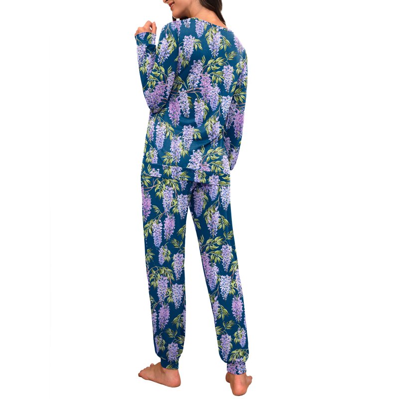 Navy Blue Wisteria Womens Pajama Set Long Sleeve Sleepwear with Pockets - 2XL