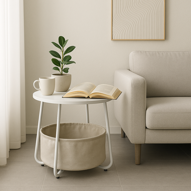 Round End Table with Storage Basket - White Accent Table