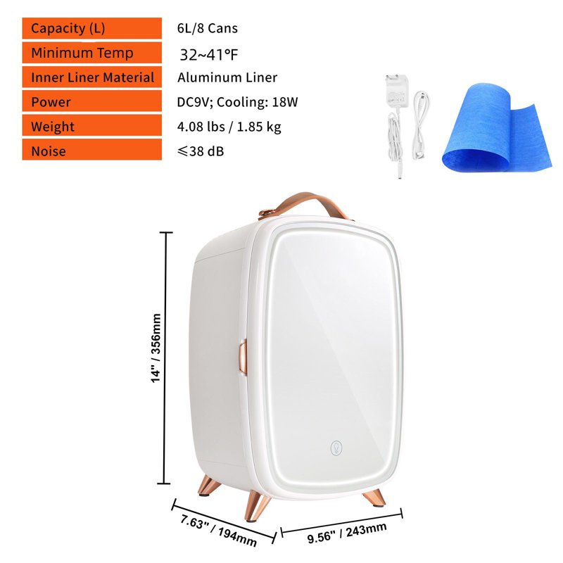 6L Mini Fridge with HD Makeup Mirror & LED Lights - Quiet Portable Cooler