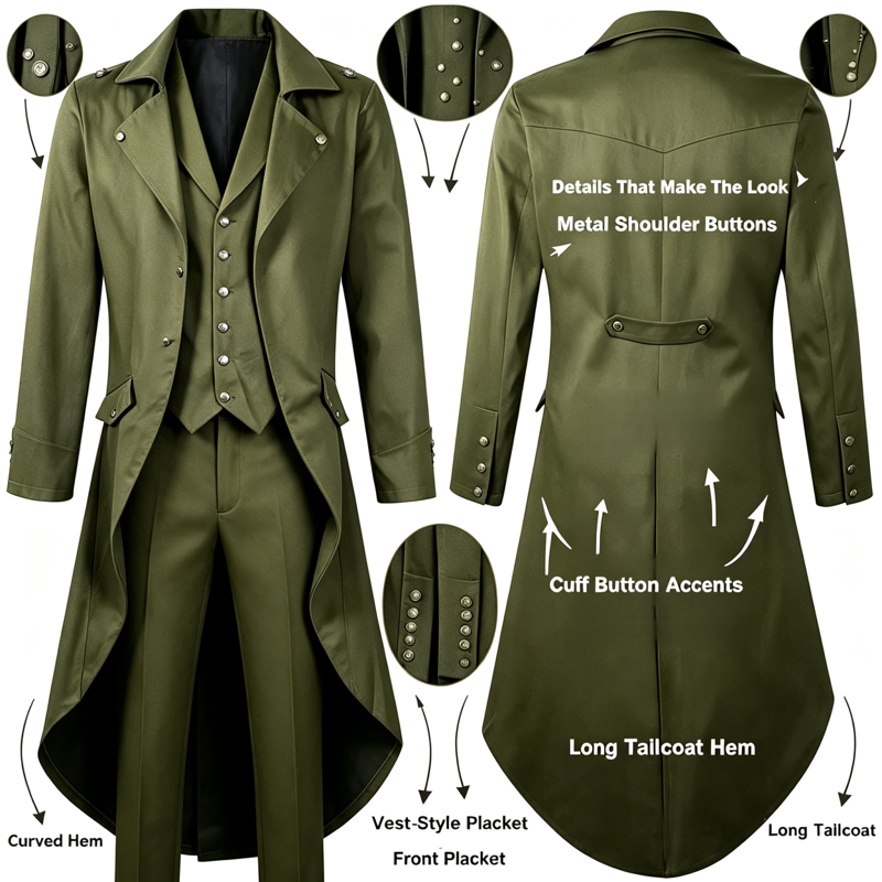 Men's Gothic Steampunk Tailcoat Jacket - Army Green, XXXL Halloween Costume