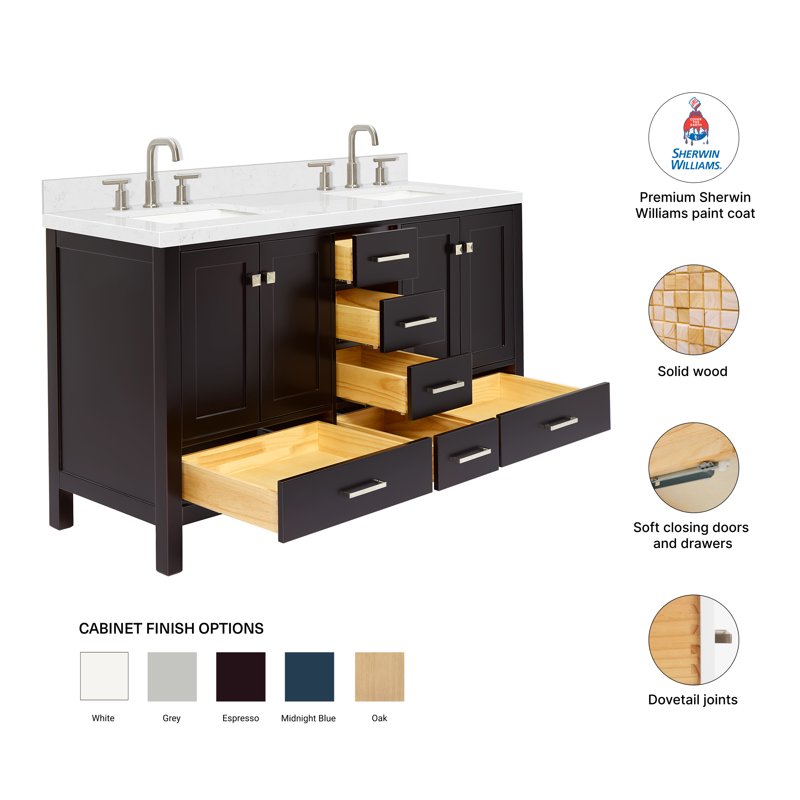 ARIEL Cambridge 60 Inch Espresso Bathroom Vanity Double Sink Solid Wood Quartz Countertop