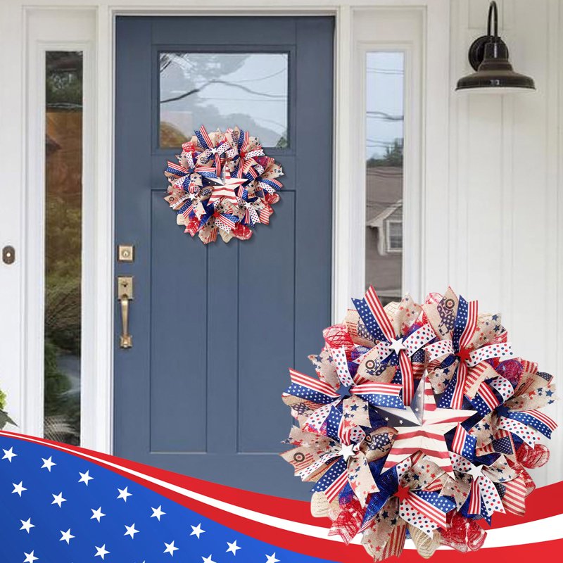 Patriotic Wreath Decorations - 250th Year Independence Day Red White Blue Flower Wreath D Variation D