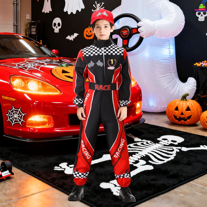 Kids Racer Costume Boys Race Car Jumpsuit with Car Cap - Size M/7-9 Years