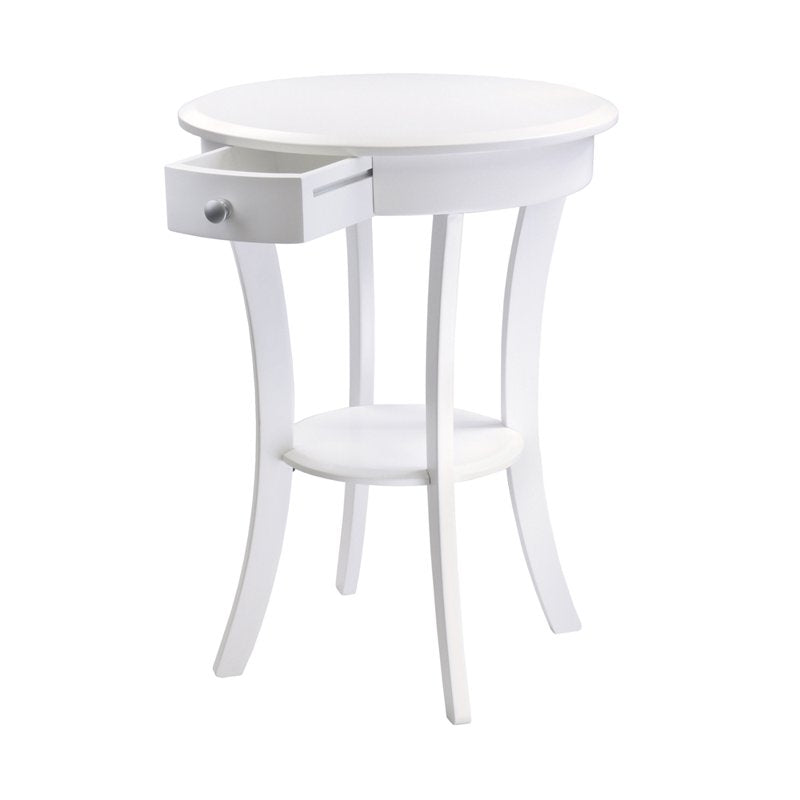 Round Accent Table with Drawer and Shelf - White Finish