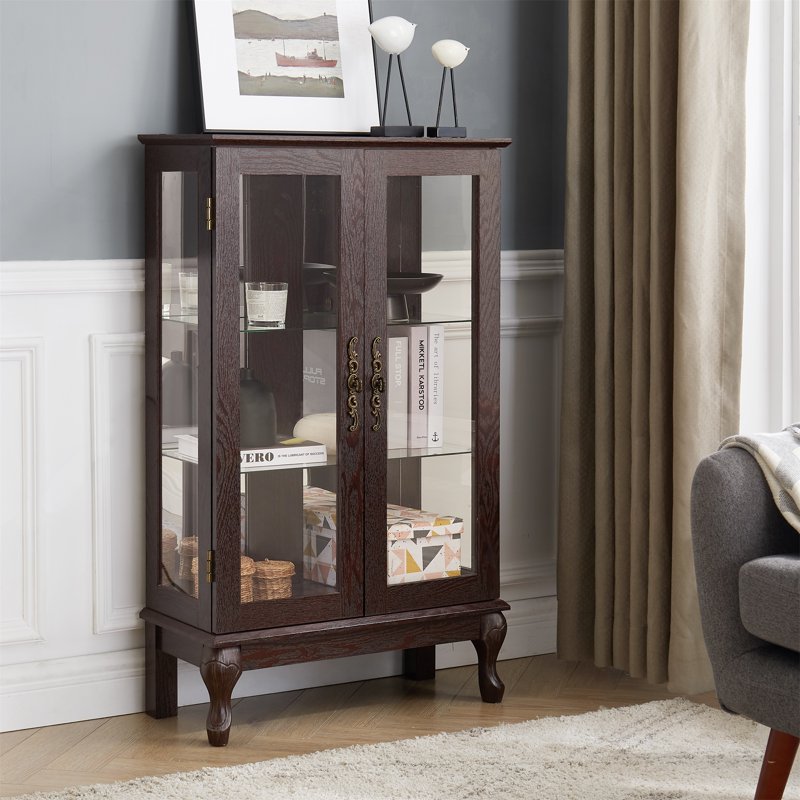Curio Display Cabinet with Light & Tempered Glass Doors - Dark Walnut