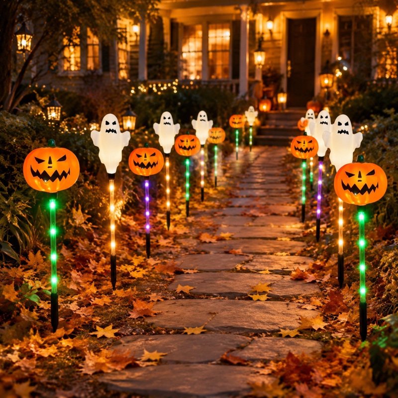 Halloween Solar Stake Lights Ghost Pumpkin Set Waterproof Multi-Color Glow - White & Orange