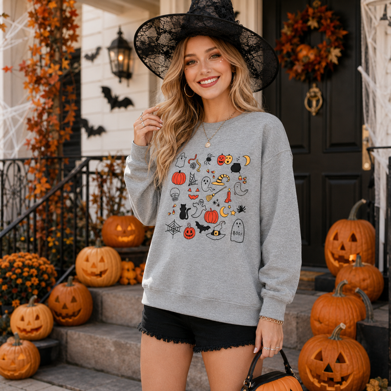 Women’s Halloween Pumpkin Ghost Graphic Sweatshirt - Gray, L