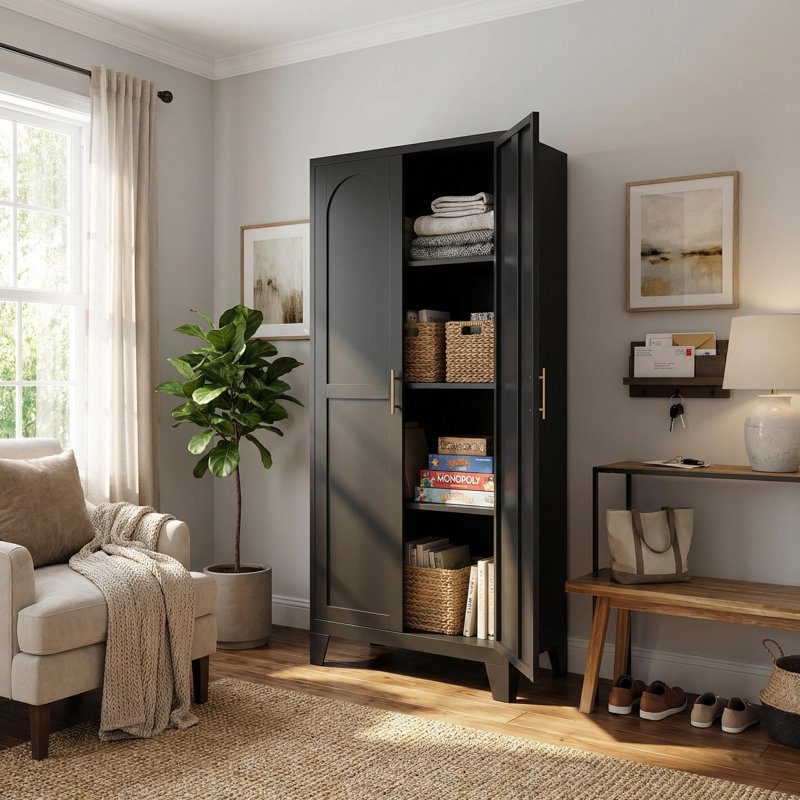 Tall Black Storage Cabinet with Adjustable Shelves - 60.8"