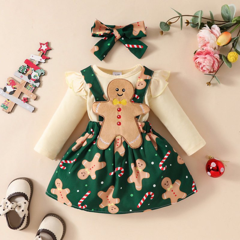 Baby Girl Christmas Outfit Long Sleeve Romper & Overalls Dress - White, 0-3 Months