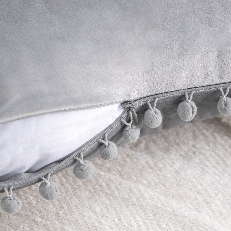 12x20 Inch Grey Velvet Throw Pillow Set of 2 - Pom Pom Accent Decor