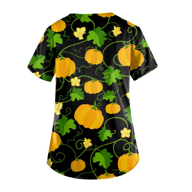 Green Plus Size Women's Halloween Pumpkin Bat Print Scrub Top with Pockets XXL