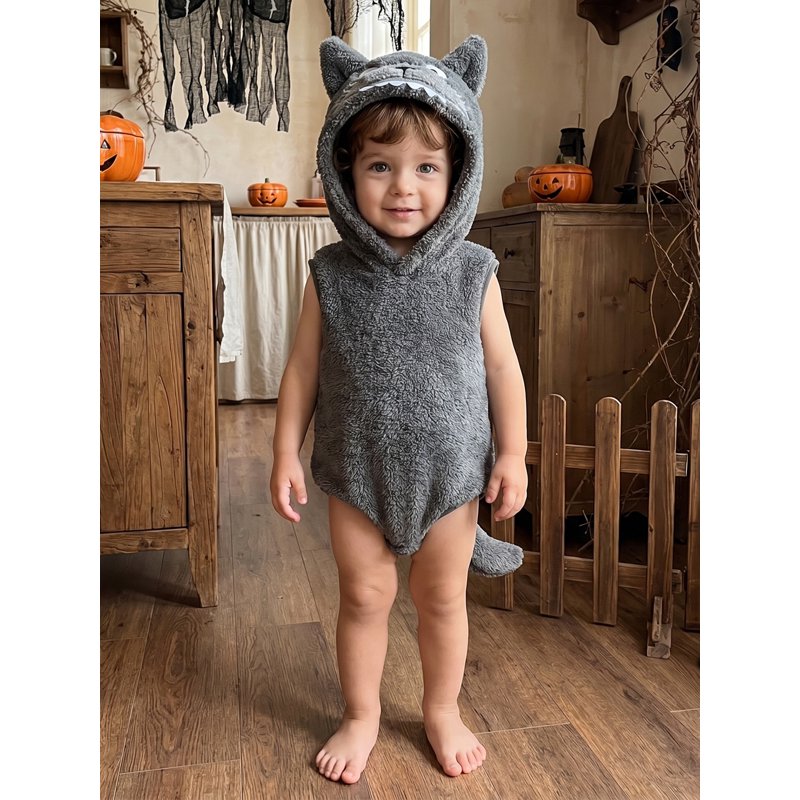 Newborn Baby Boy Wolf Costume - Dark Grey Fleece Animal Romper 12-18 Months