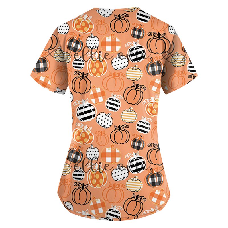 Pink Plus Size Halloween Pumpkin-Headed Bat Printed Scrub Top with Pockets - M Variation