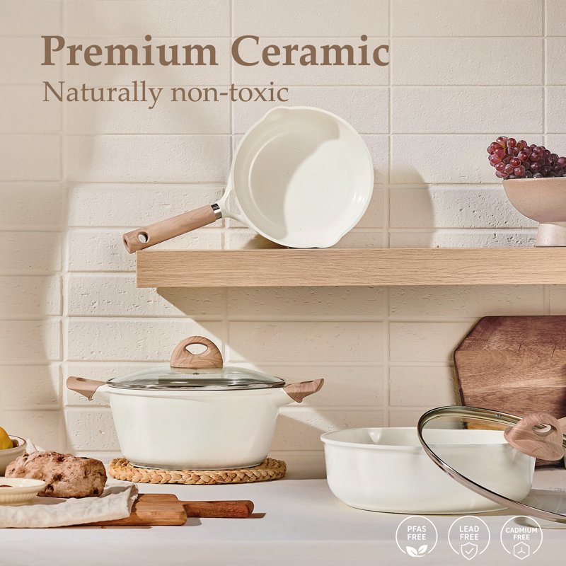 Nonstick Ceramic Cookware Set - 13 Pieces, White Granite Finish