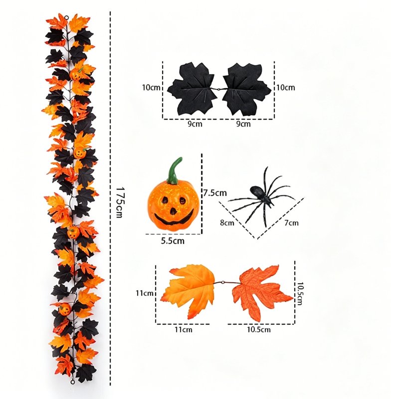 Halloween Artificial Maple Leaf Garland - Black F, 79-Inch Fall Decor with Pumpkins & Spiders