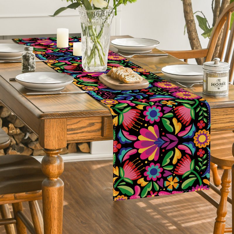Black Floral Dia De Los Muertos Table Runner 13x108 Inches - Mexican Fiesta Decor - Party & Kitchen Dining