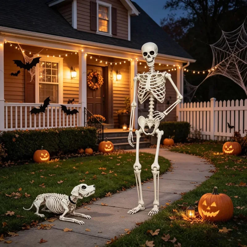 Halloween Skeleton Set – 2 Pcs Posable Human & Dog Skeleton Decorations Indoor Outdoor