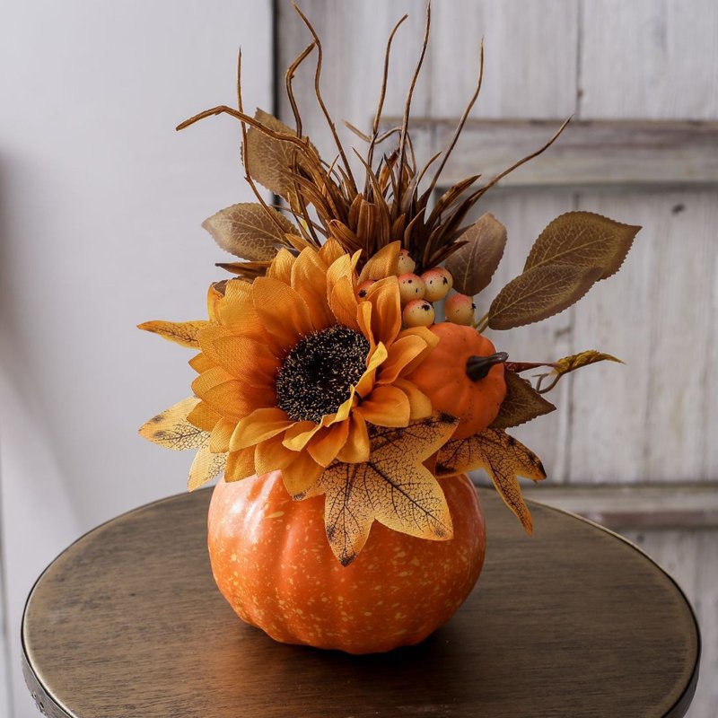 Large Foam Pumpkin Autumn Decor with Maple Leaf & Sunflower - Festive Table Ornament - Variation #357A