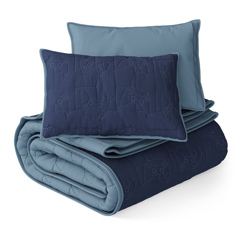 Mainstays Kids Reversible Stitch Quilt Set - Full/Queen, Blue, 3 Pieces
