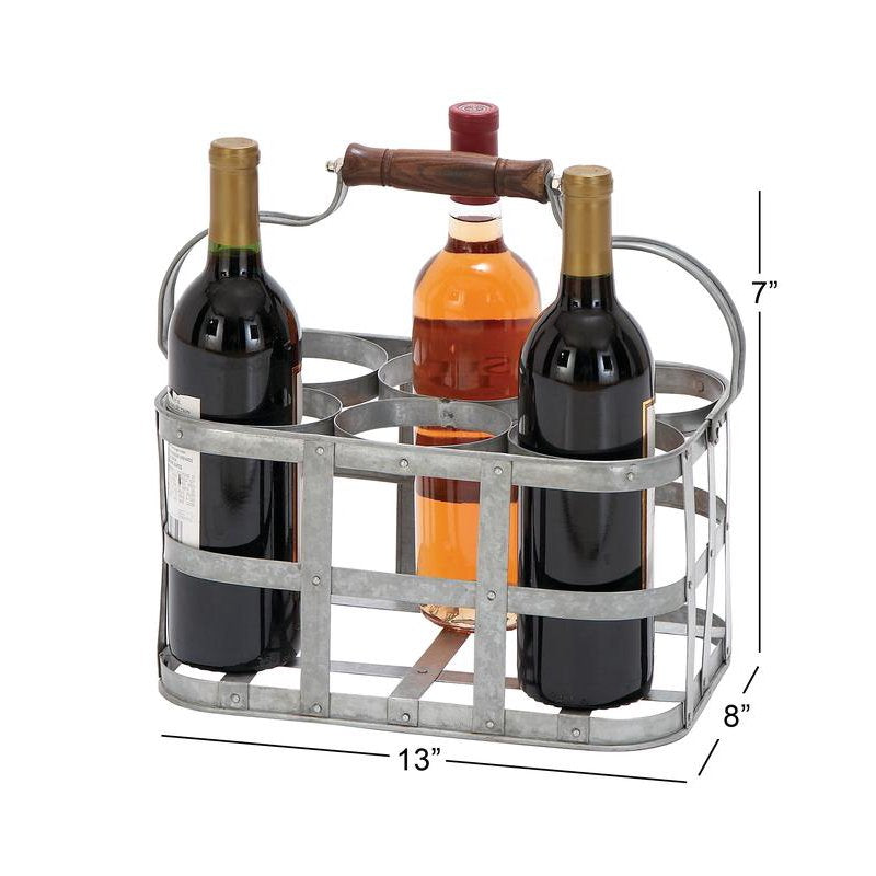Metal Wine Holder - Gray Galvanized 6 Bottle Caddy - 13" x 7"