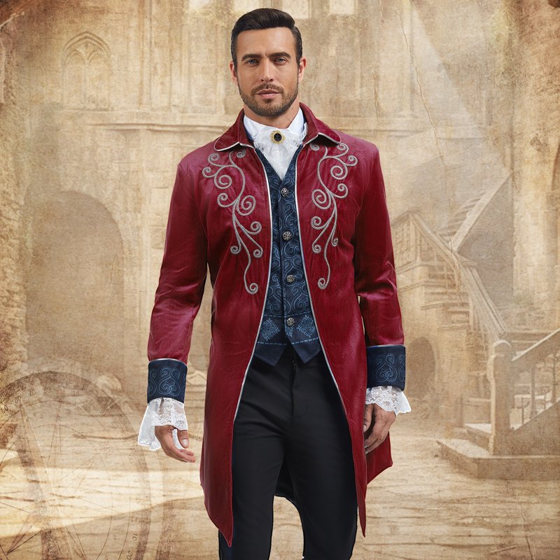 Men's Medieval Steampunk Tailcoat Jacket - Gothic Victorian Frock Coat, Red, XL