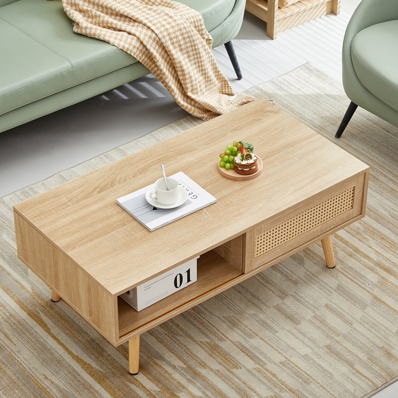 Modern MDF Coffee Table with Rattan Storage - Walnut