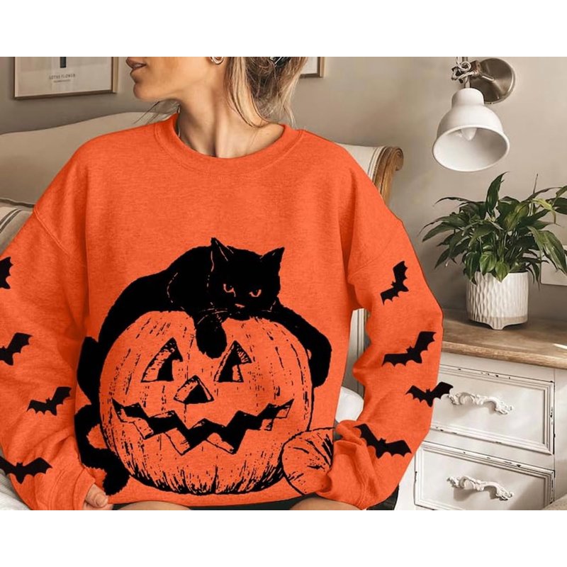 Orange Halloween Sweatshirt for Women Black Cat Pumpkin Graphic Crew Neck Long Sleeve XL