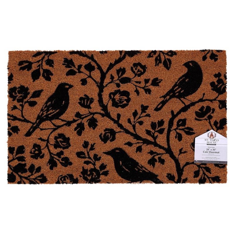 Outdoor Coir Doormat - Black Floral Bird Design, 18 x 30 Inches - Variation Under 2' x 3'