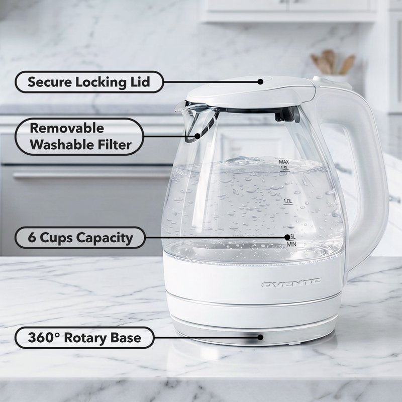 1.5L Electric Glass Kettle - White, Fast Boiling, BPA-Free