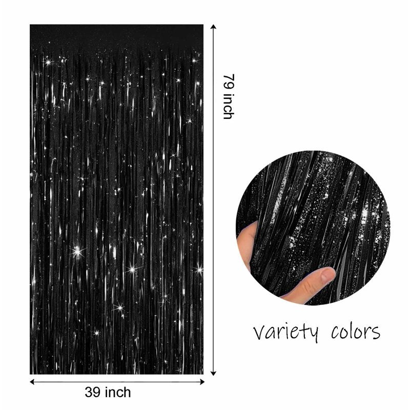 Black Blinking Foil Fringe Curtain 3-Pack for Events - Birthday, Wedding, Party Decor - Variation of 3, Black 2