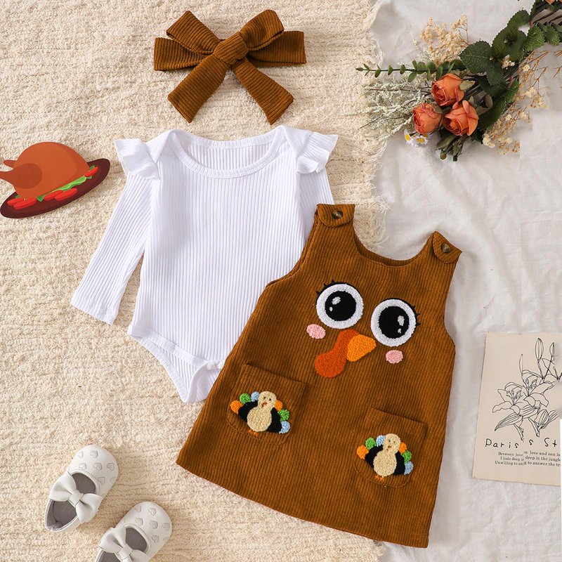Baby Girl Halloween Outfit A13 Brown 6-12 Months Pumpkin Ruffle Romper & Dress Set